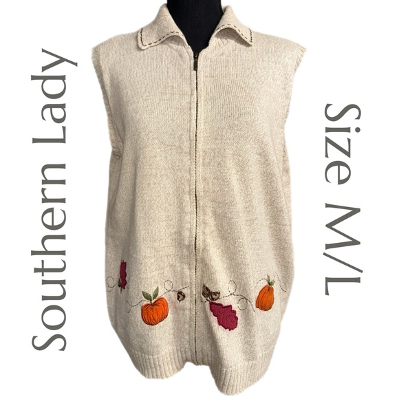 Southern Lady Sweaters - Southern Lady - Vintage Fall Themed Embroidered Sweater Vest - Size Approx. M/L